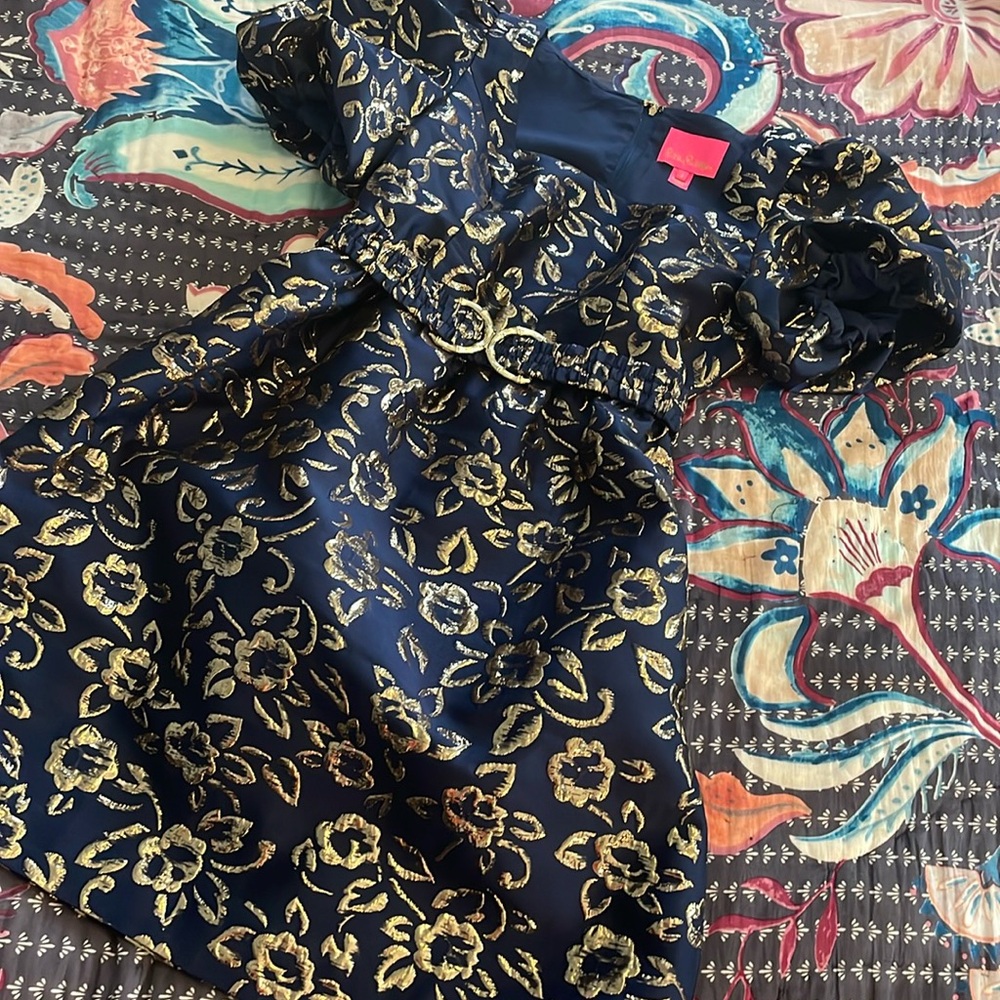 STUNNING SEXY SWEET 💋 DIVINE Lilly, Pulitzer navy gold classic brocade dress 4